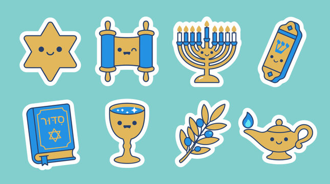 Cute cartoon vector illustration set featuring various traditional jewish icons like the menorah torah scroll star and olive branch
