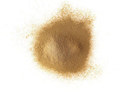 Brahmi powder pile, Bacopa monnieri or Ayurvedic Brahmi plant, isolated on white background, top view, clipping path