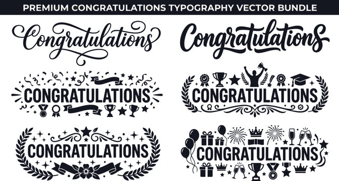 Set of black congratulations typography signs and celebration labels for greeting cards and events Vector, illustration