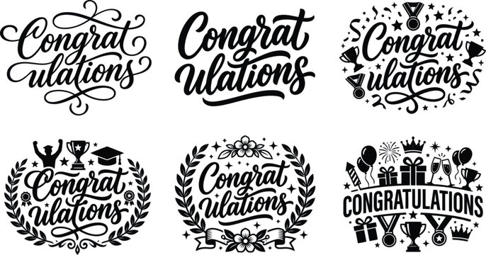 Set of black congratulations lettering designs with awards trophies and celebration icons Vector, illustration