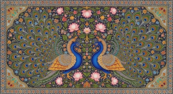 Exquisite Mughal Miniature Painting of Two Peacocks Amidst Floral Embellishments.