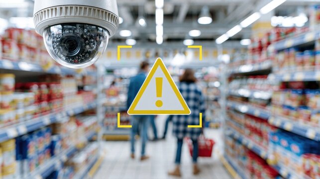 Retail surveillance camera monitors shoppers for suspicious behavior in a store aisle