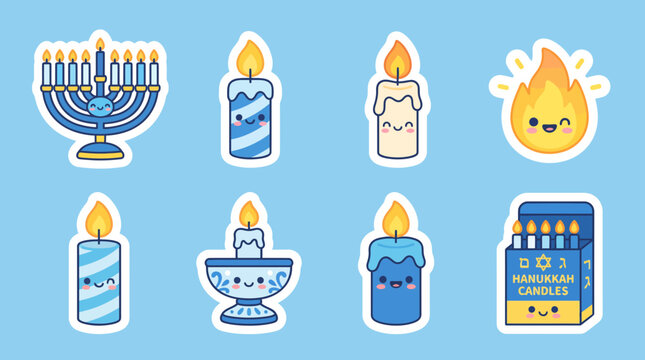 Cute vector graphic set featuring smiling menorah candles and flames designed as fun stickers for the annual Hanukkah holiday celebration