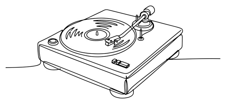 Retro vinyl record player turntable drawn in continuous single line art style