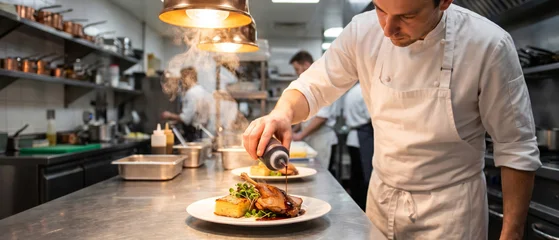 Chef drizzling sauce over a gourmet plated dish on a stainless kitchen pass for fine dining menus and luxury culinary branding. © Tania Zbrodko