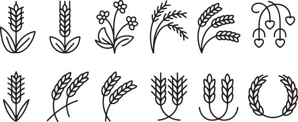 Obraz premium Wheat Plants and Floral Elements Set with Minimalist Black Line Art Design Featuring Icon, Agriculture, Harvest with Nature