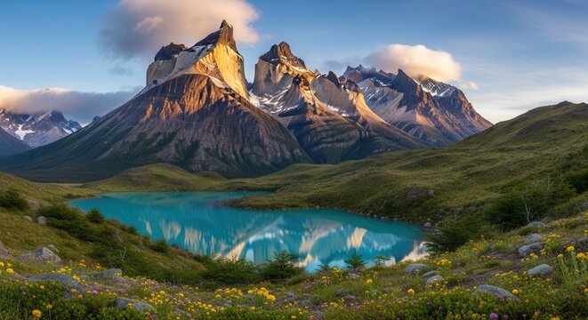 Majestic mountain peak with turquoise alpine lake. Stunning nature landscape featuring dramatic rocky summits and serene glacial waters.