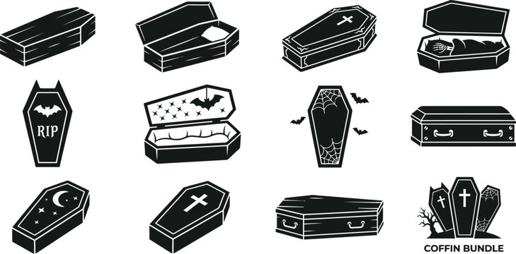 Black silhouette coffin collection for halloween decorations and gothic designs