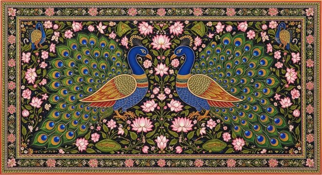 Exquisite Mughal Miniature Painting of Two Peacocks Amidst Floral Splendor.