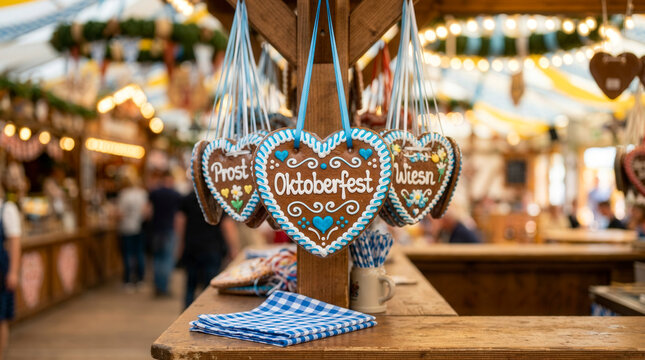 Heart-shaped gingerbread cookies decorated with Oktoberfest text hanging at a market stall, German festival celebration and traditional Bavarian food