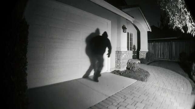 Shadowy figure caught on grainy black and white security camera footage at night