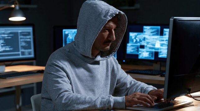 Hooded figure intensely focused on a computer screen in a dark room