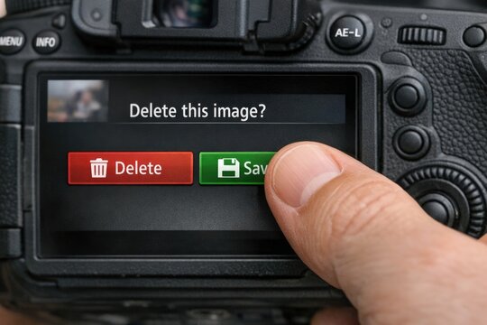 A person holding a camera and pressing the delete button, capturing the moment of digital deletion