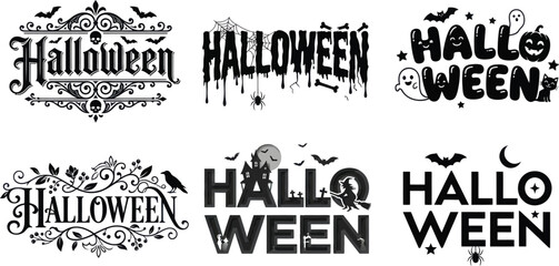 Set of decorative halloween text labels and spooky holiday typography designs in black and white Vector, illustration © PICTURE LAB