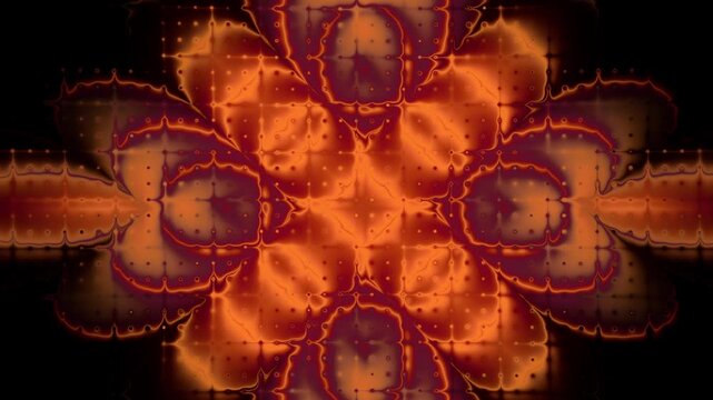Fiery 4K background with a pulsing 3D pattern. A symmetrical biomechanical mandala in orange tones with a dot matrix breathes in the dark. Ideal seamless VFX loop for sci-fi and VJ sets