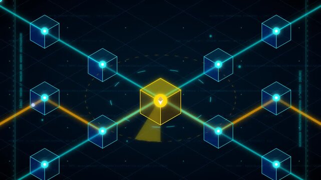 Blockchain network animation, interconnected digital data blocks forming a secure decentralized ledger. Cryptocurrency technology, financial transactions, and secure data exchange concept.