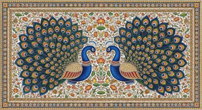 Exquisite Pair of Indian Peacocks Displaying Their Magnificent Plumage in a Detailed Miniature Painting.