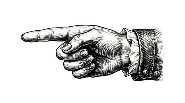 Vintage engraved hand with ruffled cuff pointing finger to the left on transparent background, concept of retro direction indicator