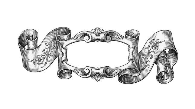 Blank vintage engraved ribbon banner with ornate floral filigree and swirls on transparent background, concept of classic design element