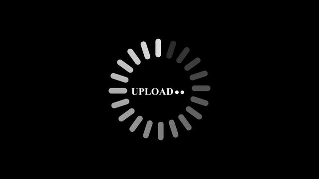 Upload icon featuring a circular spinning progress indicator made of segments displayed in high contrast white against a pitch black background to signal data transfer status for web applications now.