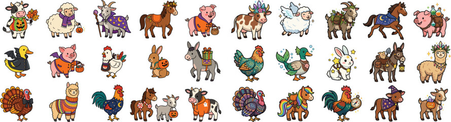 Naklejka premium Cute Halloween farm animals in costumes with pumpkins and accessories.