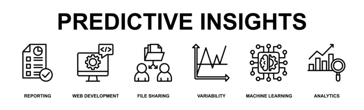 Predictive Insights Banner Web Outline Icon Vector Illustration Concept for Technology with Icons of reporting, web development, file sharing, variability, machine learning, analytics