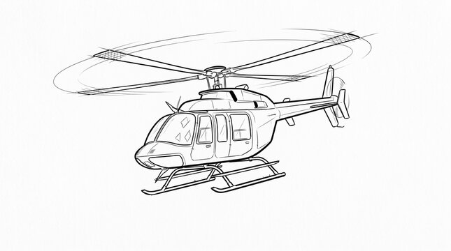 A detailed black and white fine line sketch illustration of a modern passenger helicopter in flight, showing a spinning main rotor, landing skids, cabin windows, and tail rotor details.