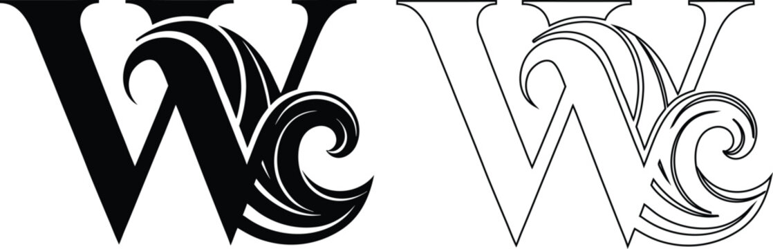 Letter w combined with stylized ocean wave in solid black and thin outline styles
