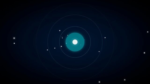 Abstract digital data visualization, a futuristic dark blue background with glowing teal circles and orbiting particles, ideal for technology and science presentations