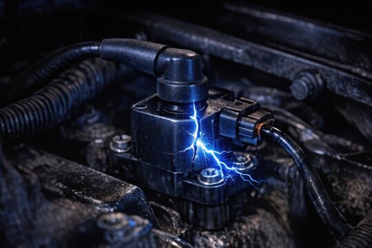 A detailed view of a car's internal combustion engine with a bright blue glow