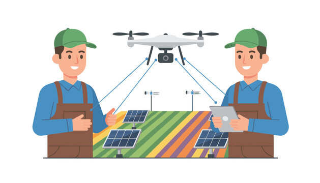Two technicians use a drone and a tablet to inspect and manage a high-tech agricultural field integrated with solar power infrastructure.