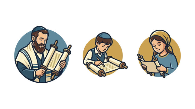 Jewish man, boy and girl learning from ancient religious scrolls