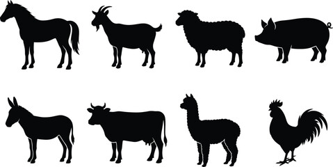 Farm animal silhouettes collection featuring horse goat sheep pig donkey cow llama and rooster icons © Miss