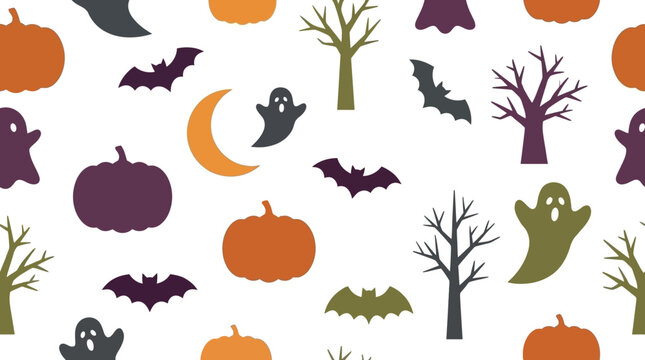 Seamless Halloween pattern with pumpkins, bats, ghosts and bare trees on a white background