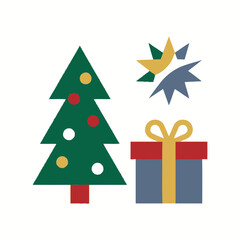 Naklejka premium Simple graphic illustration of festive Christmas tree with gift and star