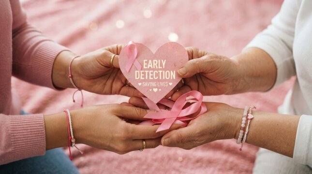 Hands holding a pink heart with ribbons and message early detection saving lives for breast cancer awareness banner and health campaign