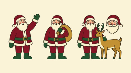 Cute cartoon Santa Claus poses with a reindeer and a sack of gifts © kaja