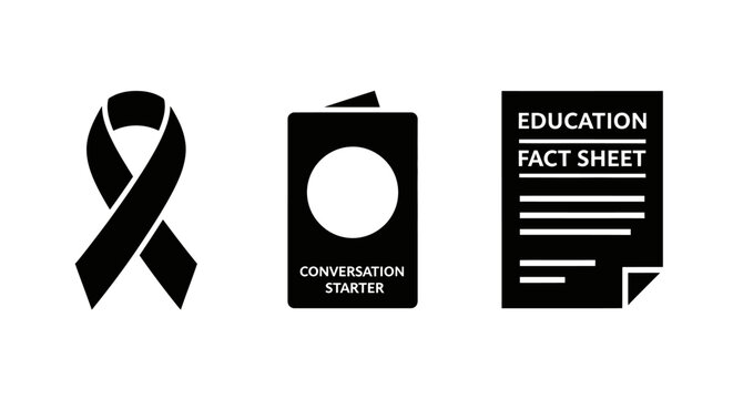 Set of Black Icons: Awareness Ribbon, Conversation Starter Booklet, Education Fact Sheet Document