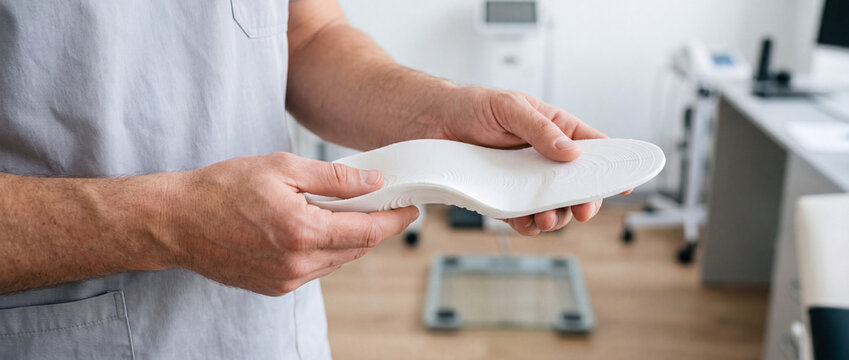 Podiatrist holding custom orthotic insole in clinic showing foot care and arch support