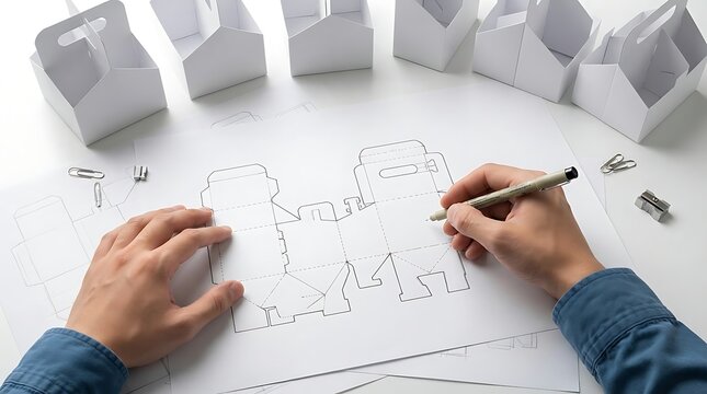 Professional packaging designer sketching technical blueprints for custom cardboard box prototypes
