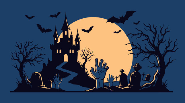 Spooky haunted castle and zombie hands rising from graveyard at night