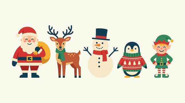 Festive illustration of Santa, reindeer, snowman, penguin and elf characters