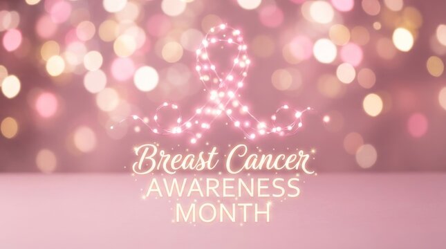 Glowing ribbon made of fairy lights breast cancer awareness month background with soft bokeh for awareness campaign