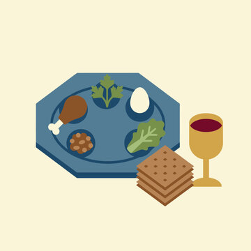 Traditional Passover seder plate with matzah and a cup of wine