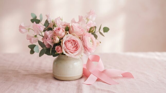 Small ceramic vase with pink floral arrangement and ribbon on linen for breast cancer awareness card background and banner design