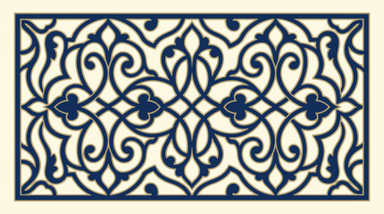 An intricate blue and cream floral pattern with elegant symmetrical scrollwork © kaso