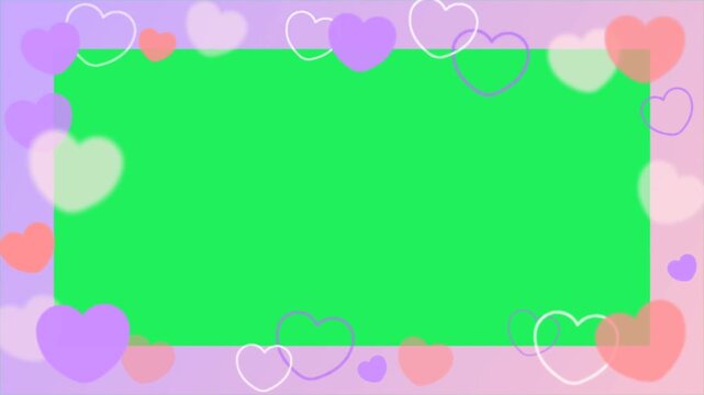 Animation purple heart shape frame on green background.