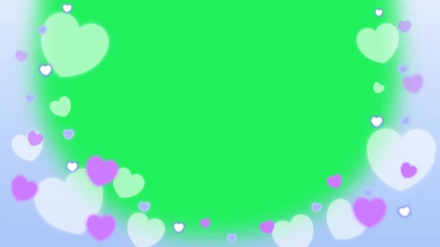 Animation purple heart shape frame on green background.