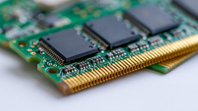 Memory module for a desktop computer motherboard front and back view on a bright white background close up of gold contacts and chips memory module computer motherboard