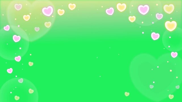 Animation pink heart shape frame on green background.